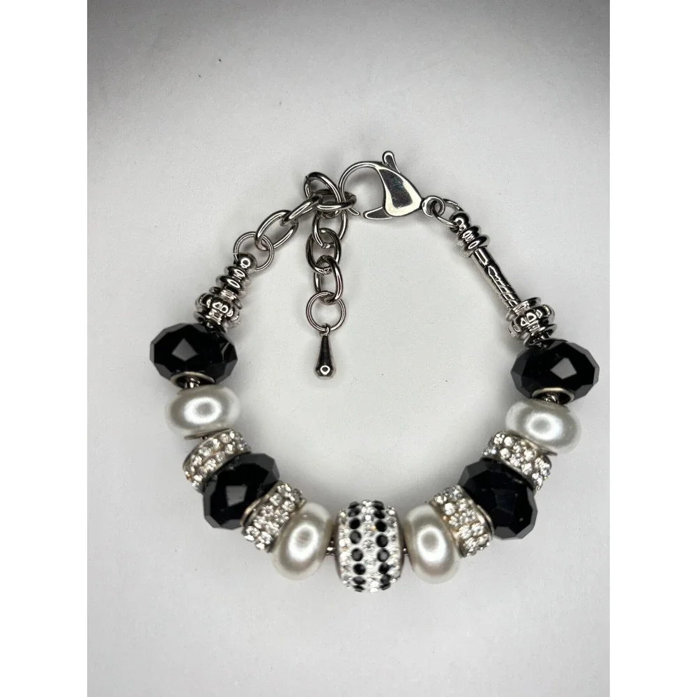 Black White Faux Pearl Crystal Bead Bracelet Silver Tone Adjustable